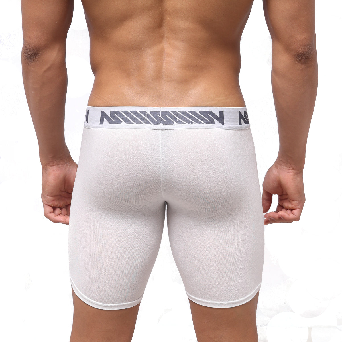 White mission men’s compression shorts with gray logo band at waist from metromalewear bosillo bold long boxer line