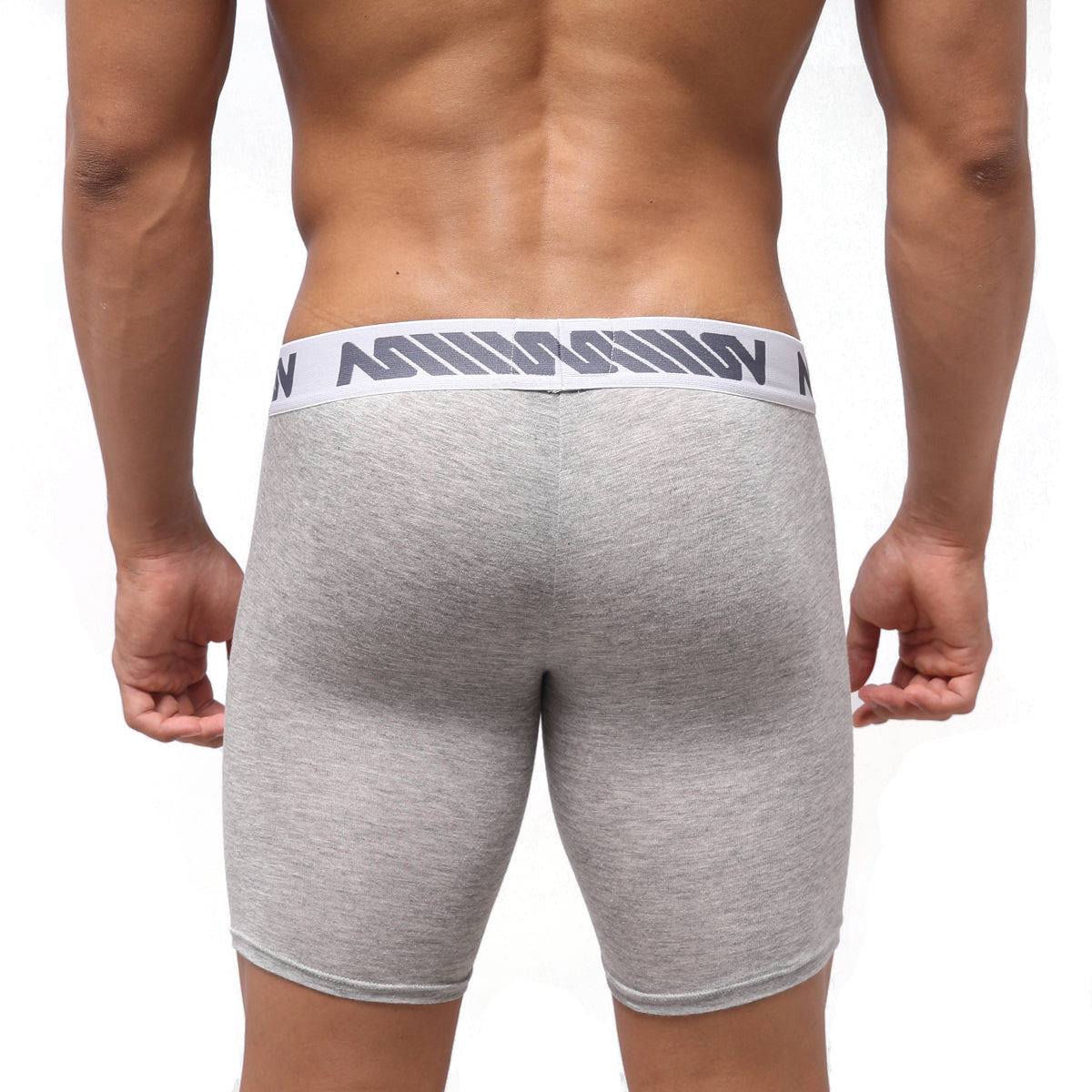Gray heathered men’s boxer briefs with white elastic waistband and black logo pattern metro male wear bosillo bold 3515-10