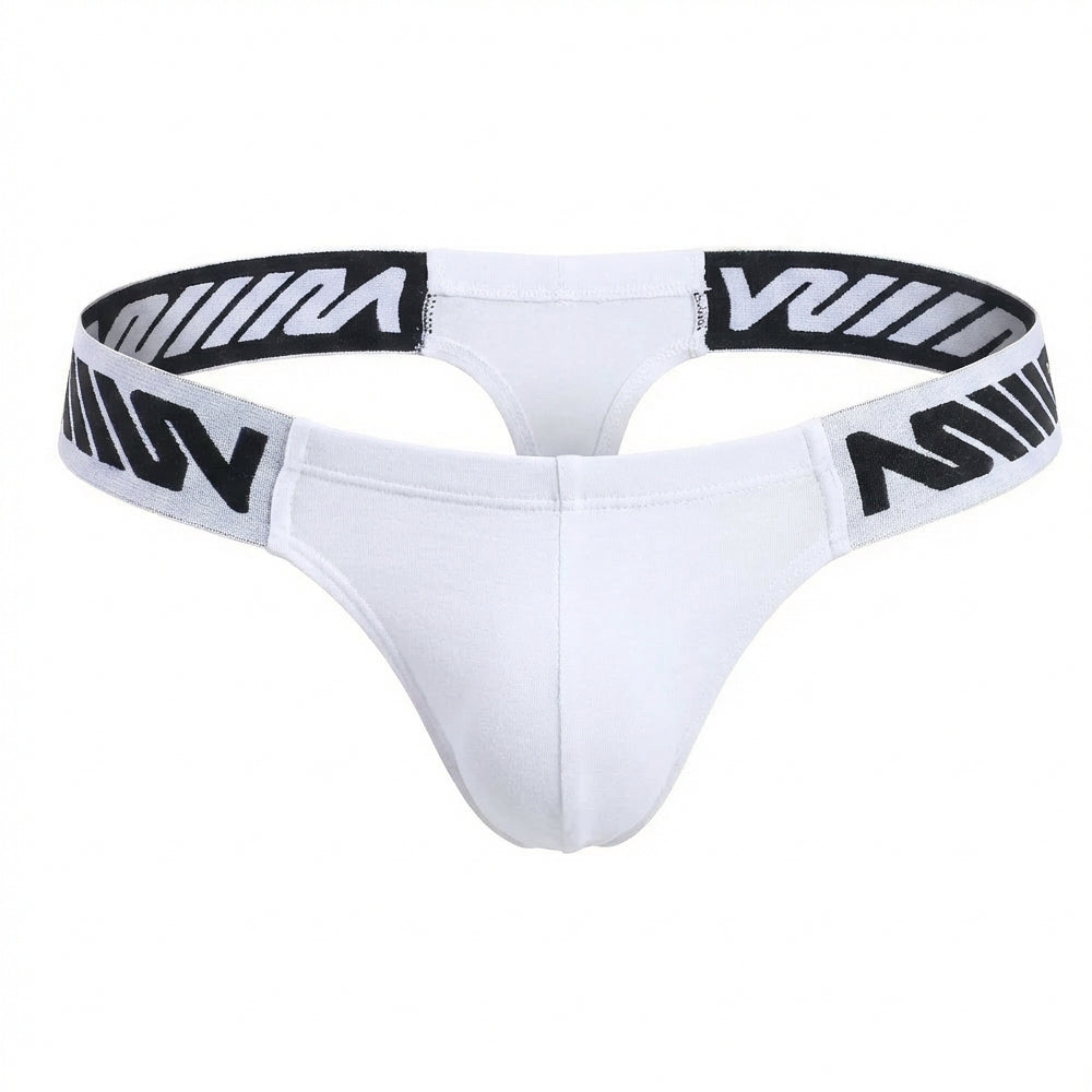 White thong by metromalewear featuring a black and white patterned elastic waistband in puente fabric