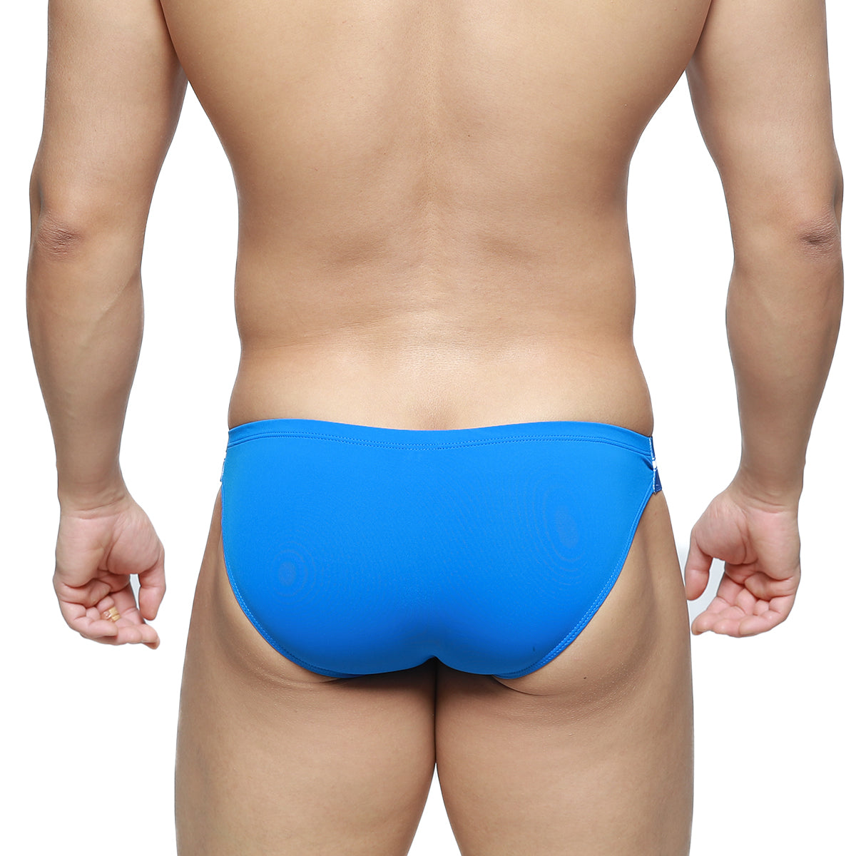 Bright blue MetroMaleWear Brief 2.0 one-piece swim trunks with sleek smooth fabric finish for swimming use