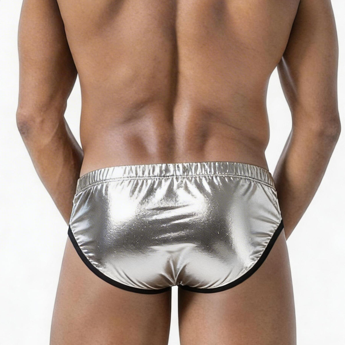 Shiny silver metallic briefs with black trim metroMalewear puente bikini metalic silver 3603m10 front view