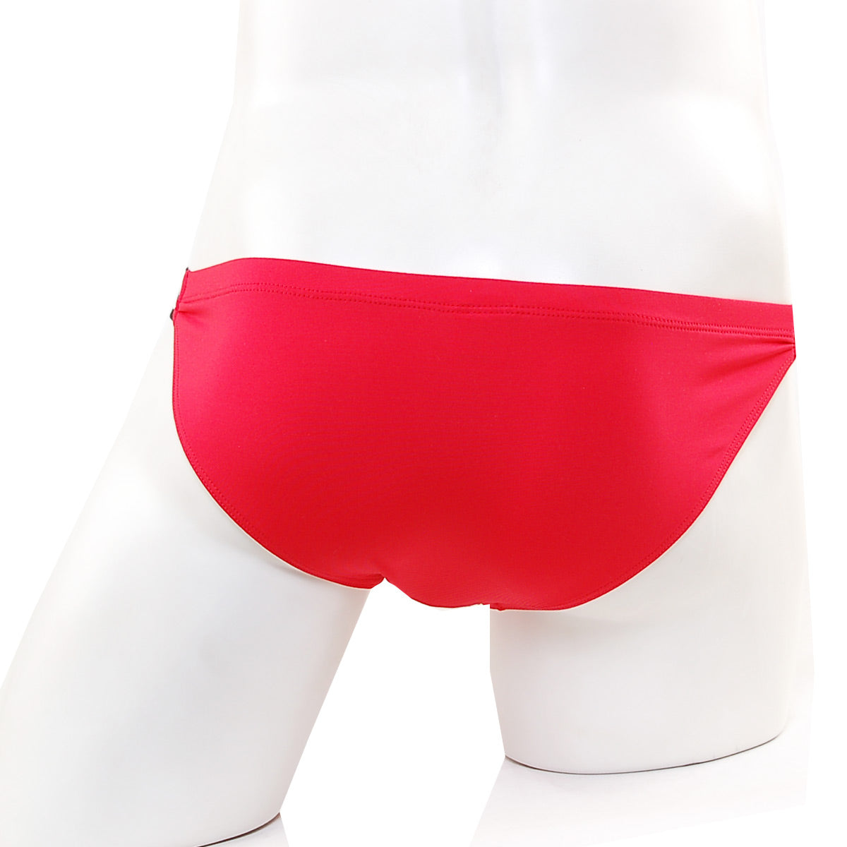 Bright red smooth textured swim trunks by MetroMaleWear SUP Bikini Valentine Red 3604-12 on a mannequin