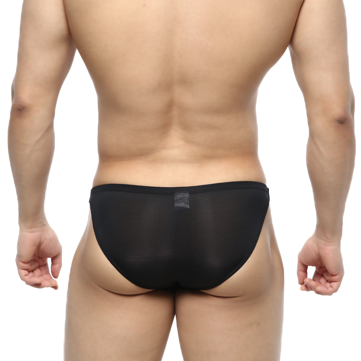 Black sheer mesh briefs with subtle MetroMaleWear brand tag at waistband slim bikini style 3604-30 front view