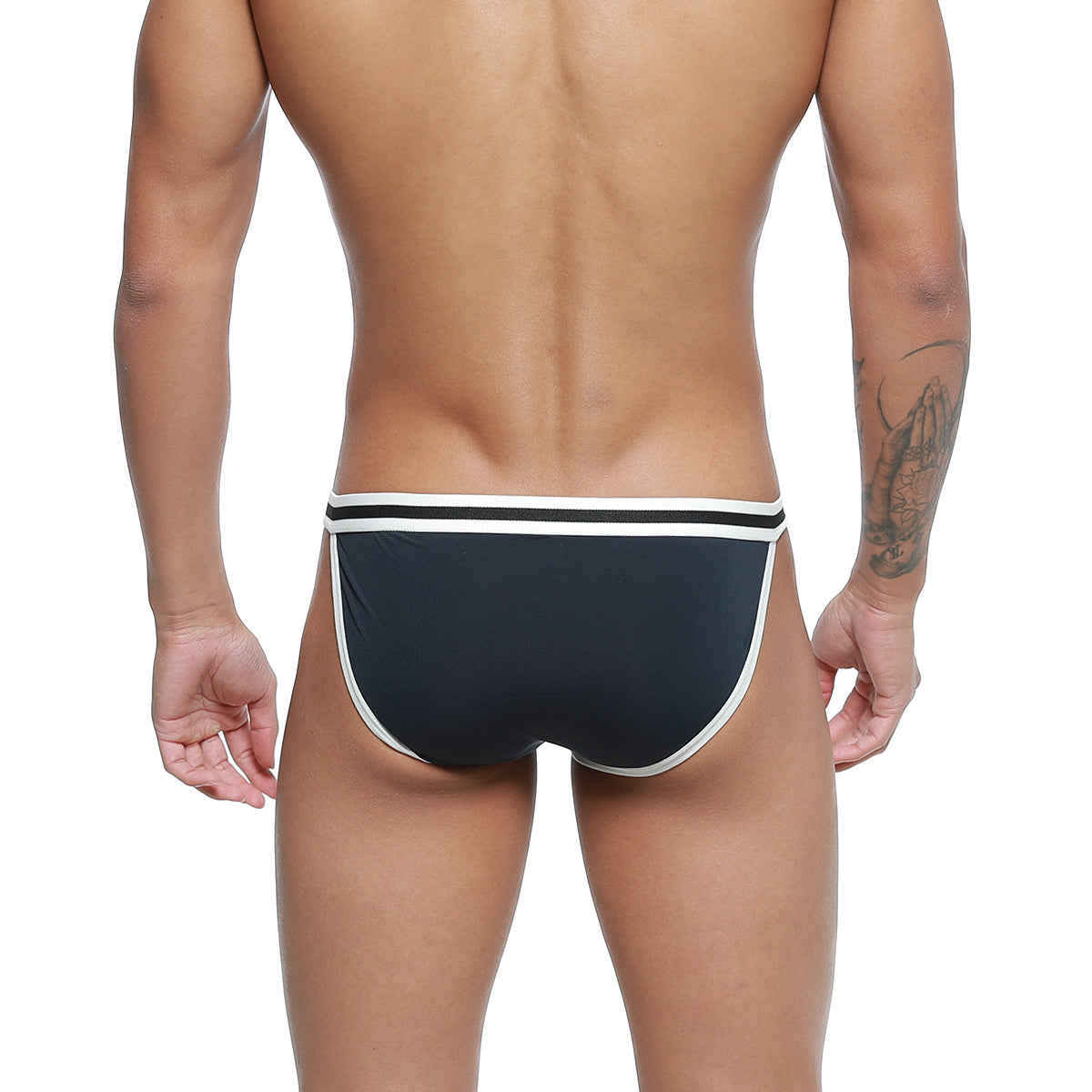MetroMaleWear link bikini swim trunks in dark blue with white trim featuring a sleek modern design
