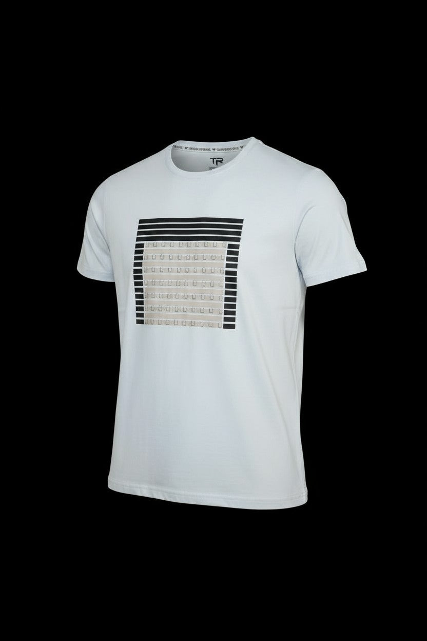 White cotton 3d abstract t-shirt with bold black and beige geometric pattern on the chest