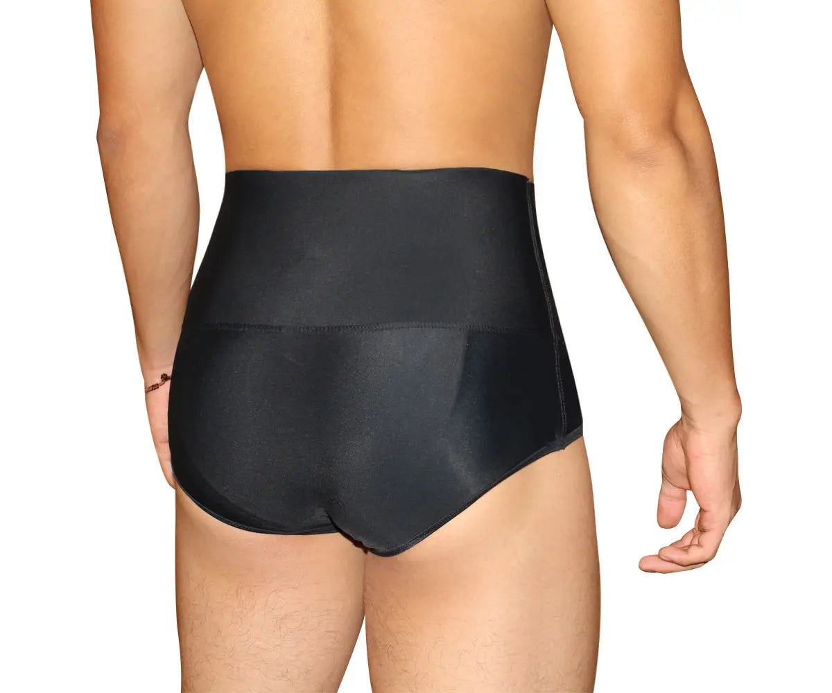 Black high-waisted men's brief by Tartarus featuring a smooth finish and supportive design shown from the back.
