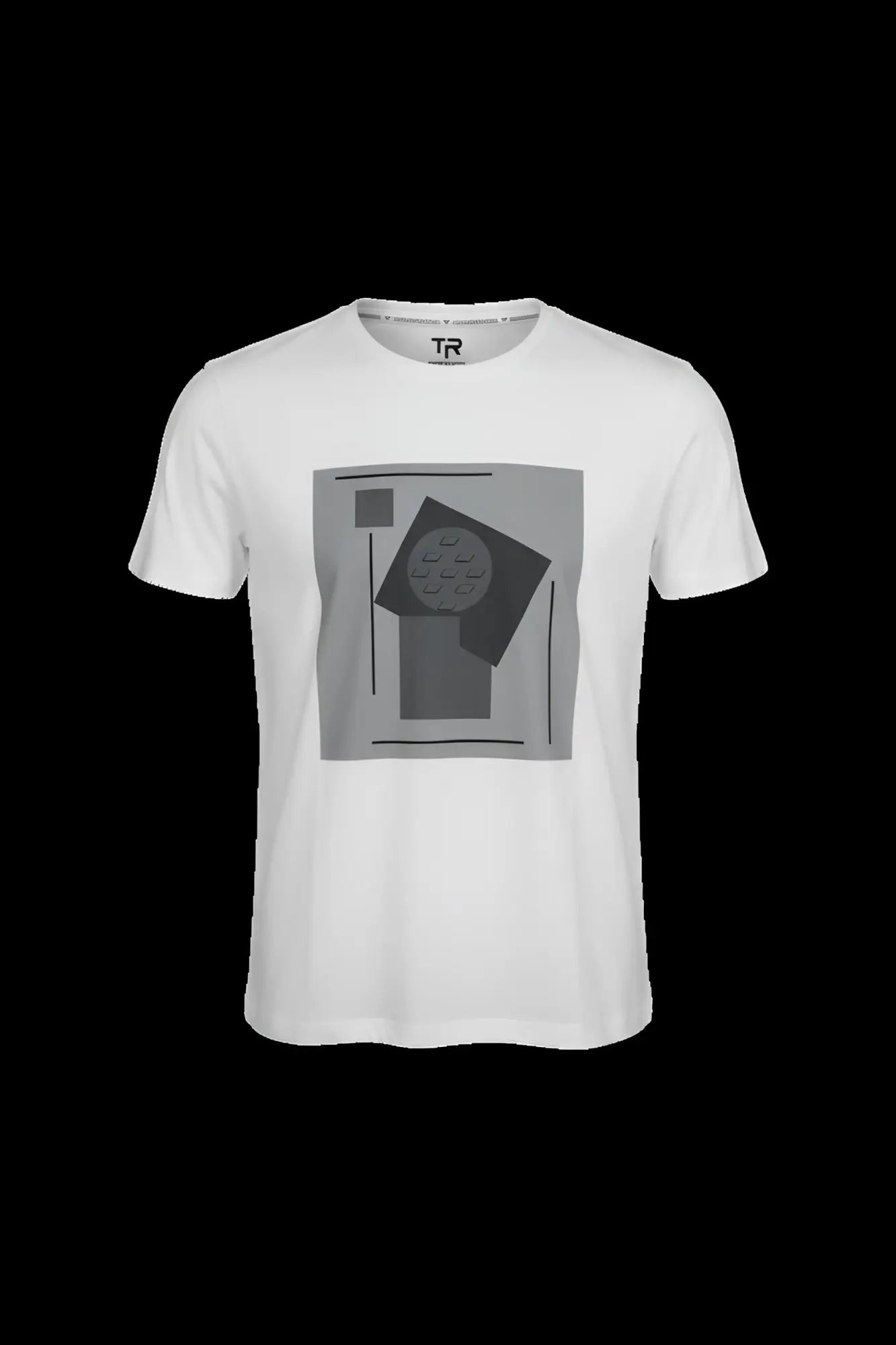 White short-sleeved t-shirt with gray abstract geometric print featuring shapes and lines in a 3d abstract design
