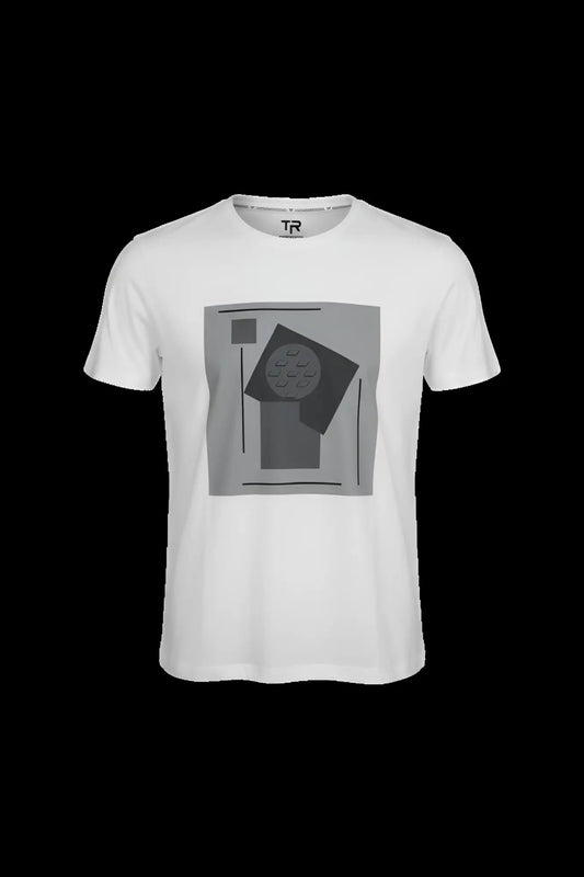 White short-sleeved t-shirt with gray abstract geometric print featuring shapes and lines in a 3d abstract design