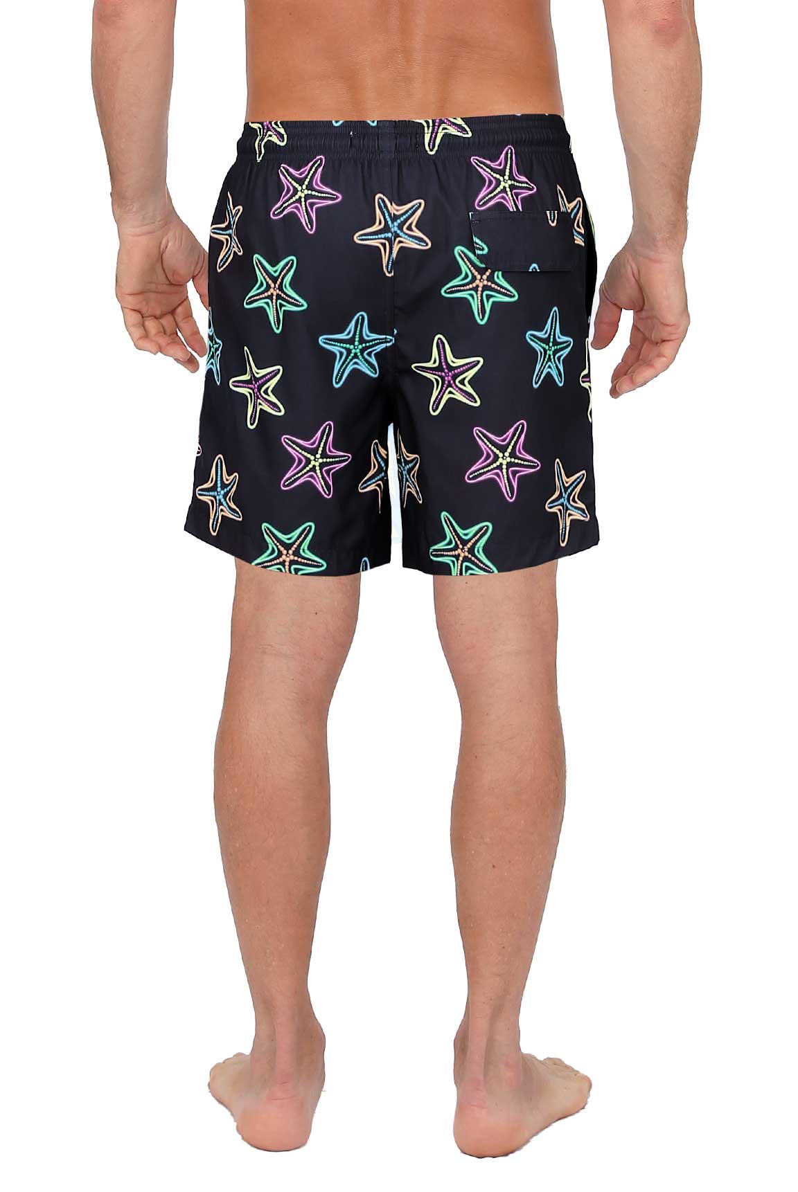 Black 4 way stretch swim short with neon pink teal and yellow multicolored starfish pattern on front