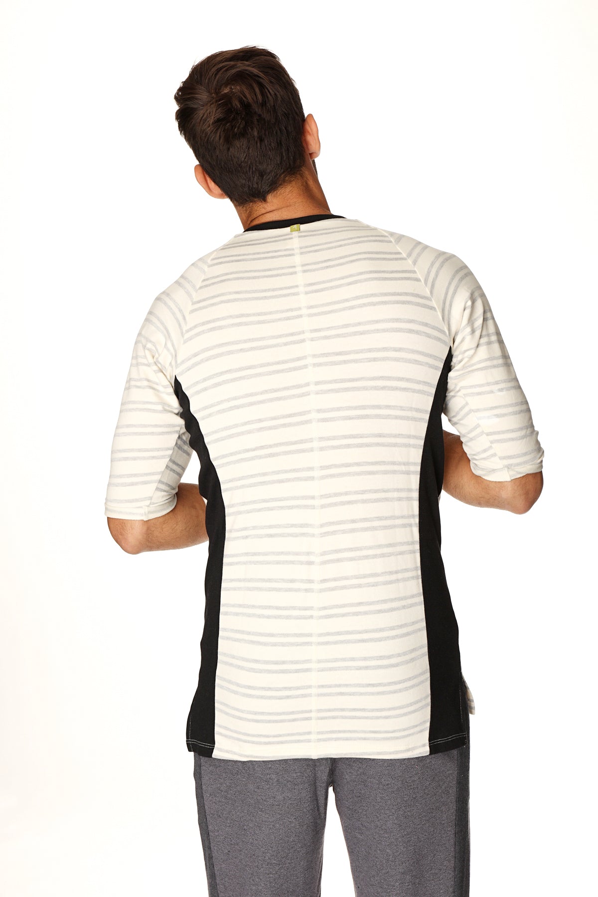 4-rth mens vintage-stripe henley tee in french terry loop with white base gray stripes and black side panels