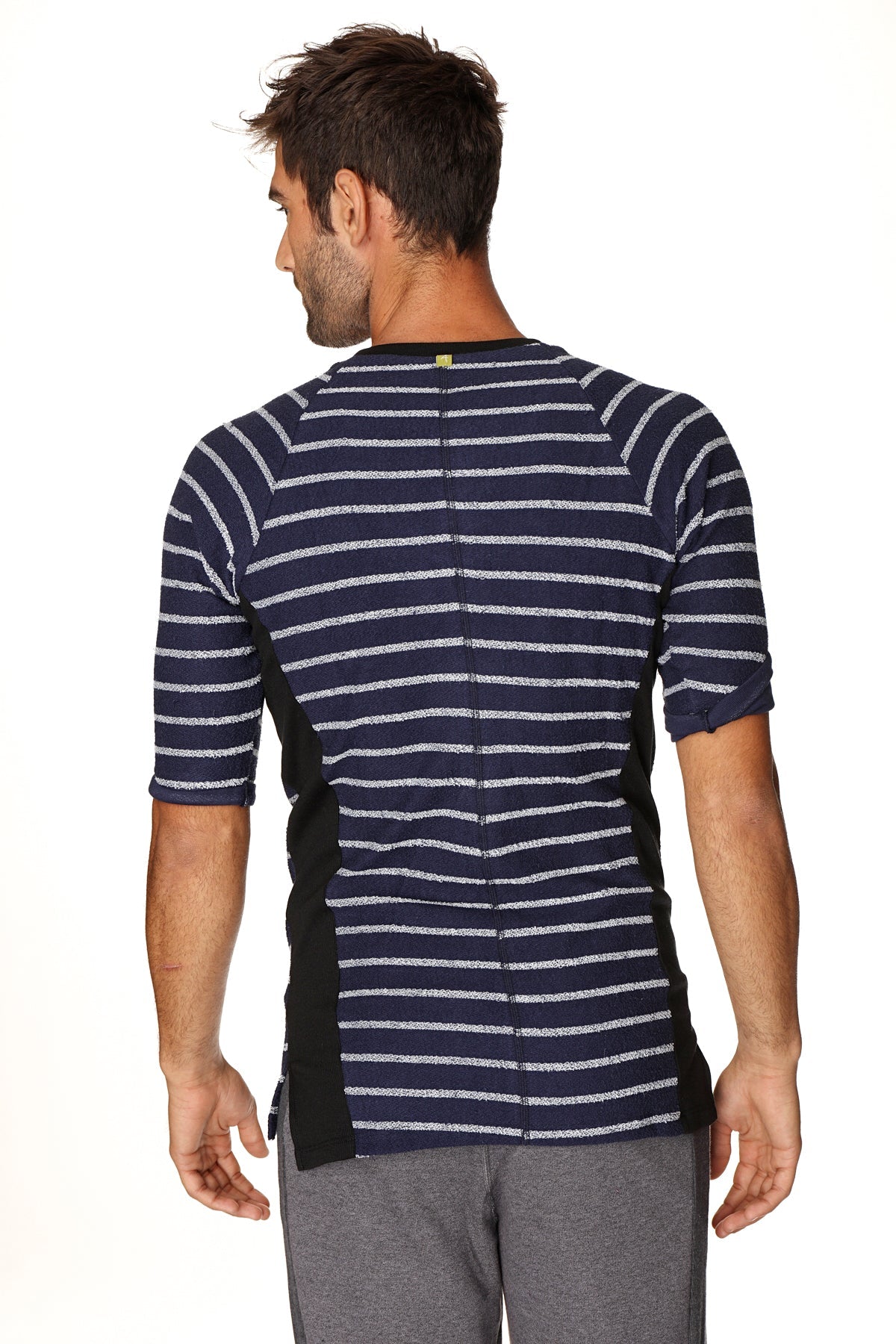 4-rth mens vintage-stripe henley tee in navy white stripes with black panels made of french terry loop fabric