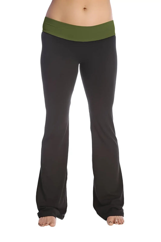 4-rth women’s classic yoga pant in black with olive green elastic waistband made for comfort and flexibility