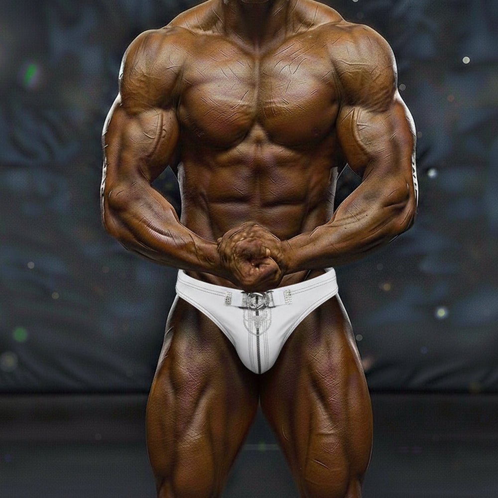 White athletic briefs with silver metallic zipper and buckle detail from metromalewear muscle competition suit blanco 4700-00