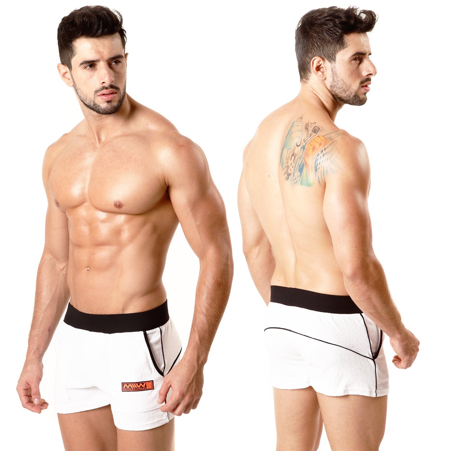 White MetroMaleWear Terry Sport short 4701-00 featuring black elastic waistband trim and orange logo on left leg