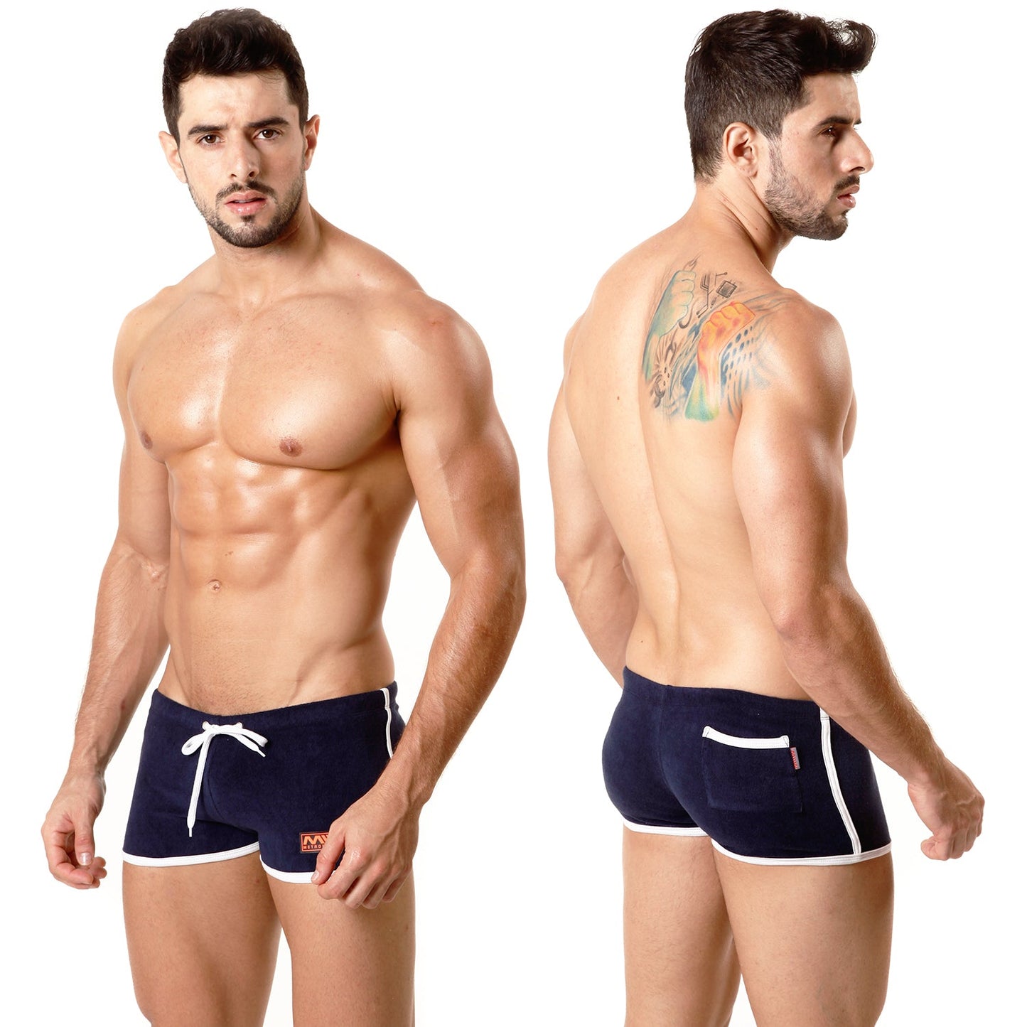 Navy blue terry swim trunks with white trim and front pocket from metromalewear metro short 4702-28