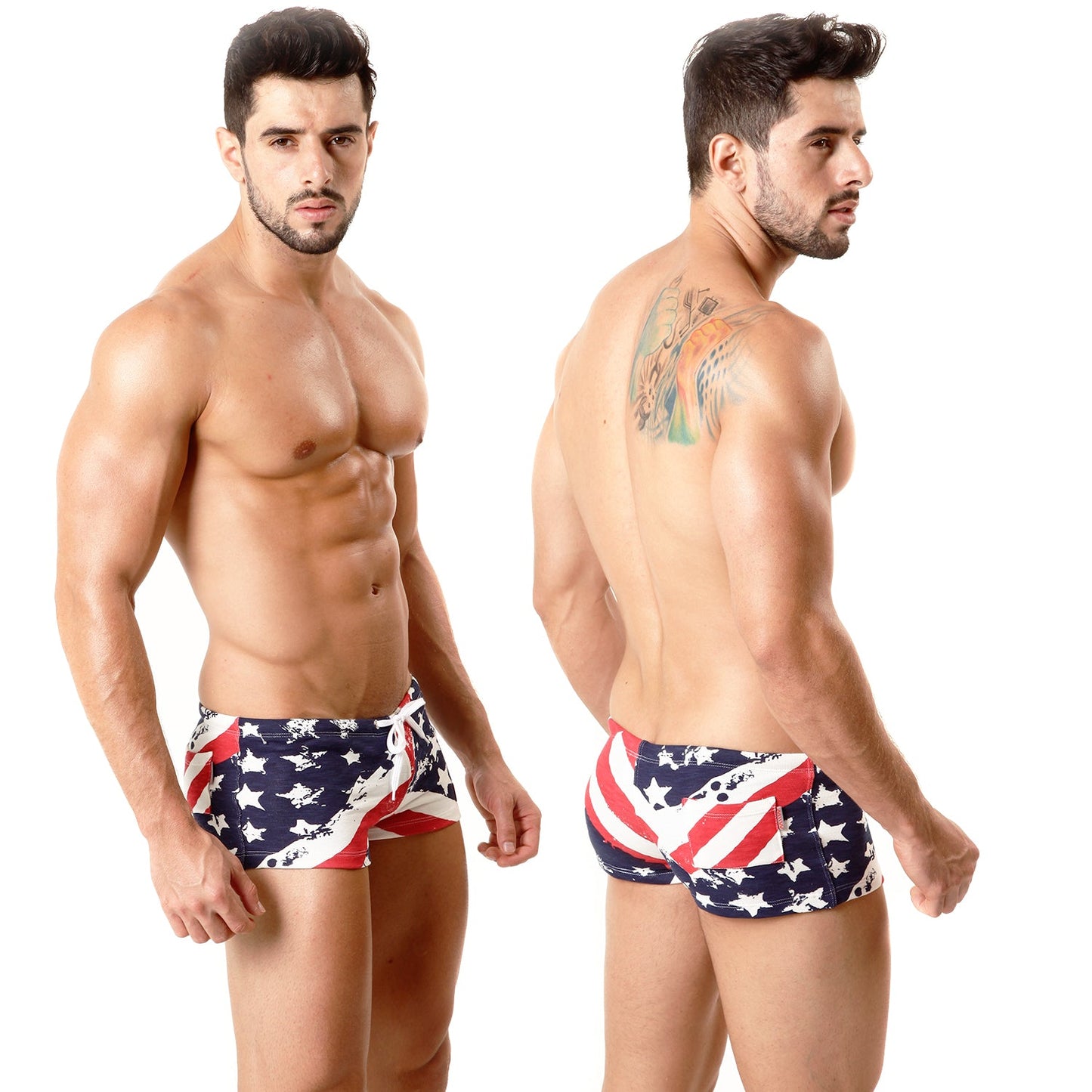 Men’s metroMalewear cotton swim trunks with american flag pattern in red white and blue patriotic colors