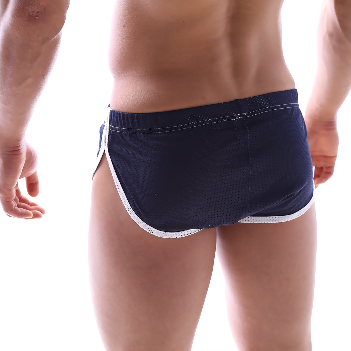 Navy blue mesh athletic briefs with white perforated trim designed for soccer use by metro malewear model 4705-28