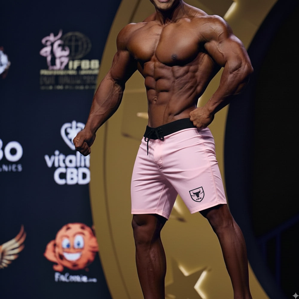 MetroMaleWear physique board short in pink with black drawstring waistband and shield logo on lower left leg