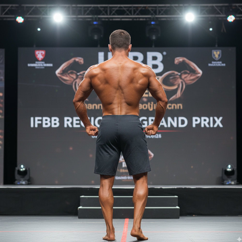 A muscular man showcases the back side of metro malewear physique board short in jasper gray on stage barefoot