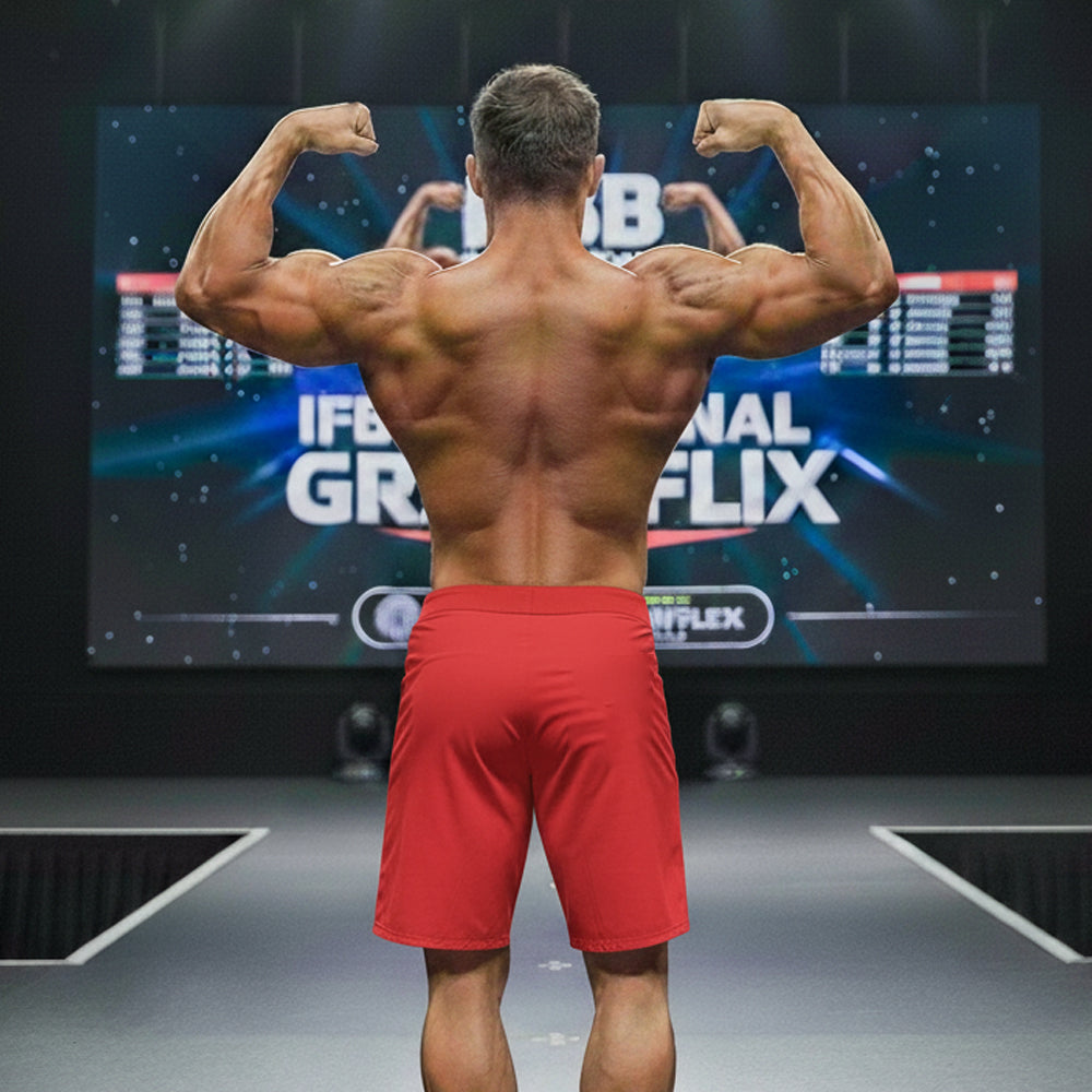 A muscular man shows the back side of metrohalewear physique board short crimson 4706-13 in bright red athletic shorts