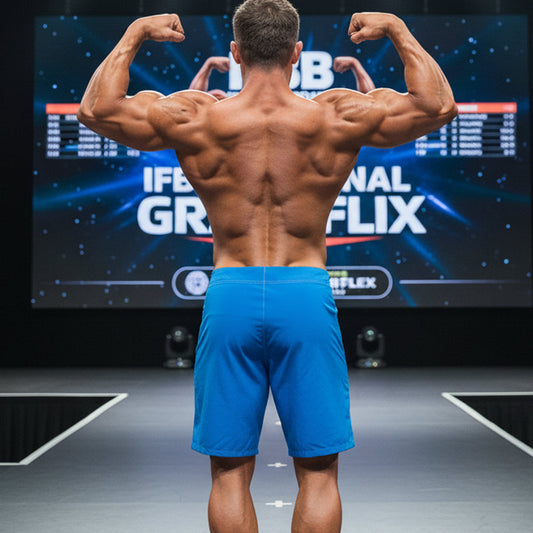 A muscular man wearing metro malewear physique board shorts royal blue 4706-18 showcasing defined back muscles