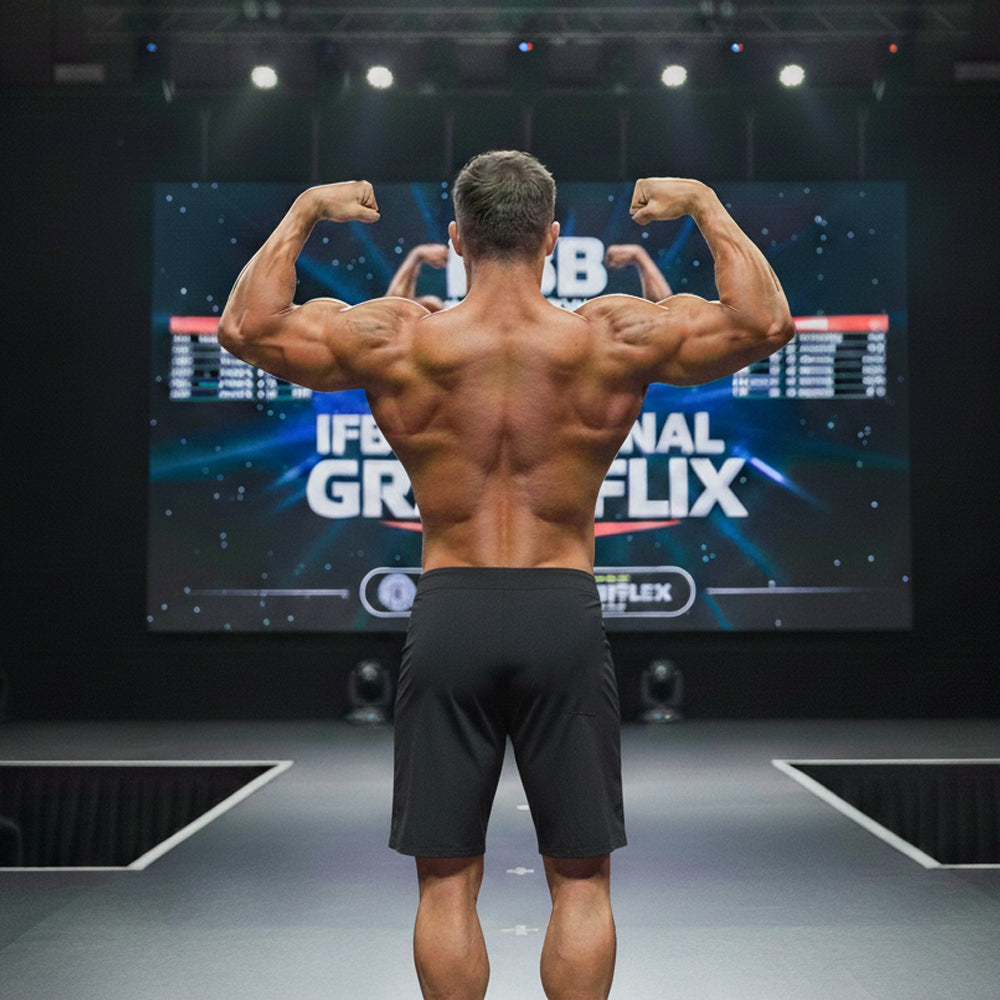 A muscular man shows the back side of metro malewear physique board short stripe 4706-47 black on stage