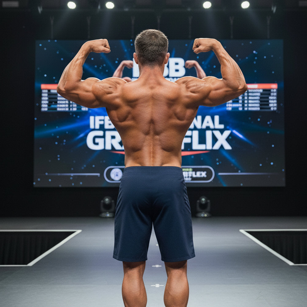 A muscular man wearing navy blue MetroMaleWear Physique board shorts stands on stage showing the back side