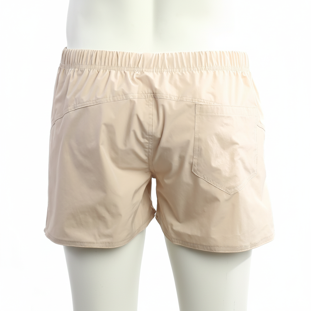 Beige metro male wear viena shorts with elastic waistband and single back pocket shown from the back side