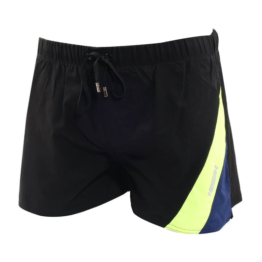 MetroMaleWear Viena short black athletic shorts with neon yellow and navy blue diagonal stripes and elastic drawstring waistband