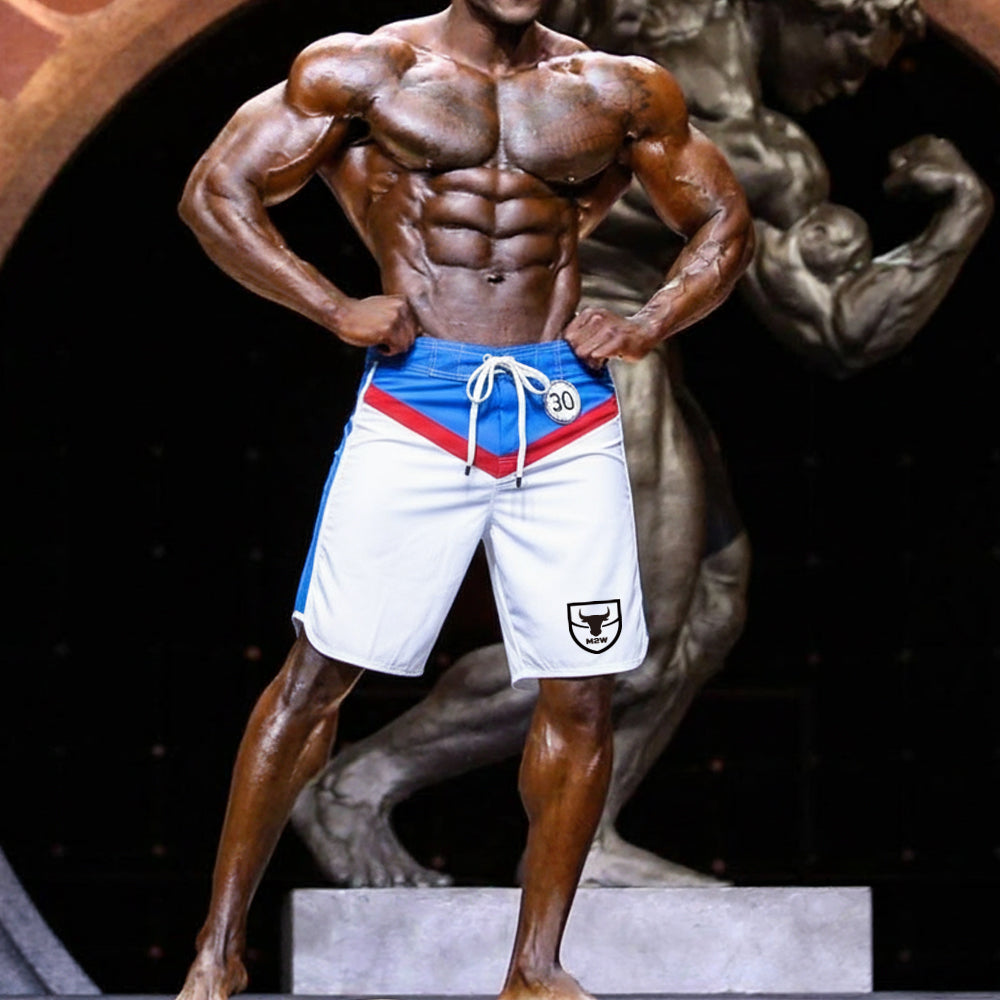White athletic shorts with blue and red accents drawstring waistband and black bull logo by metro malewear for mens physique