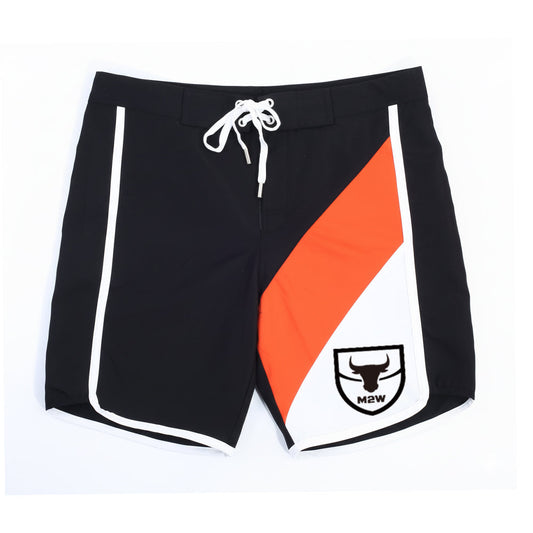 Black metromusclewear ifbb pro mens physique board shorts with bold orange white diagonal stripe and white drawstring waistband