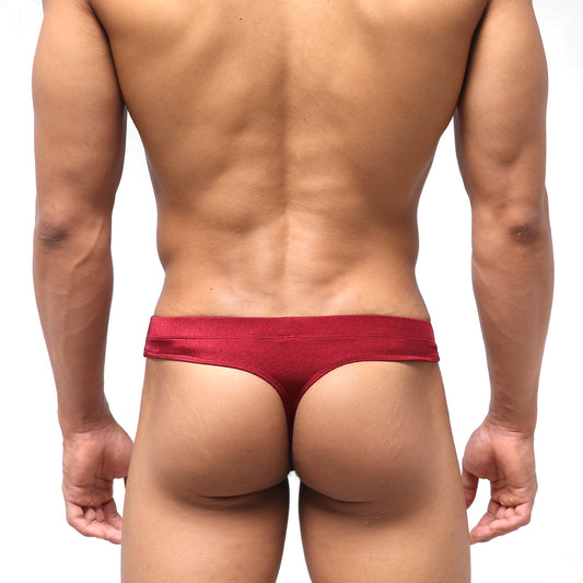 MetroMalewear classic swim thong wine red satin with smooth glossy finish shown from the back side