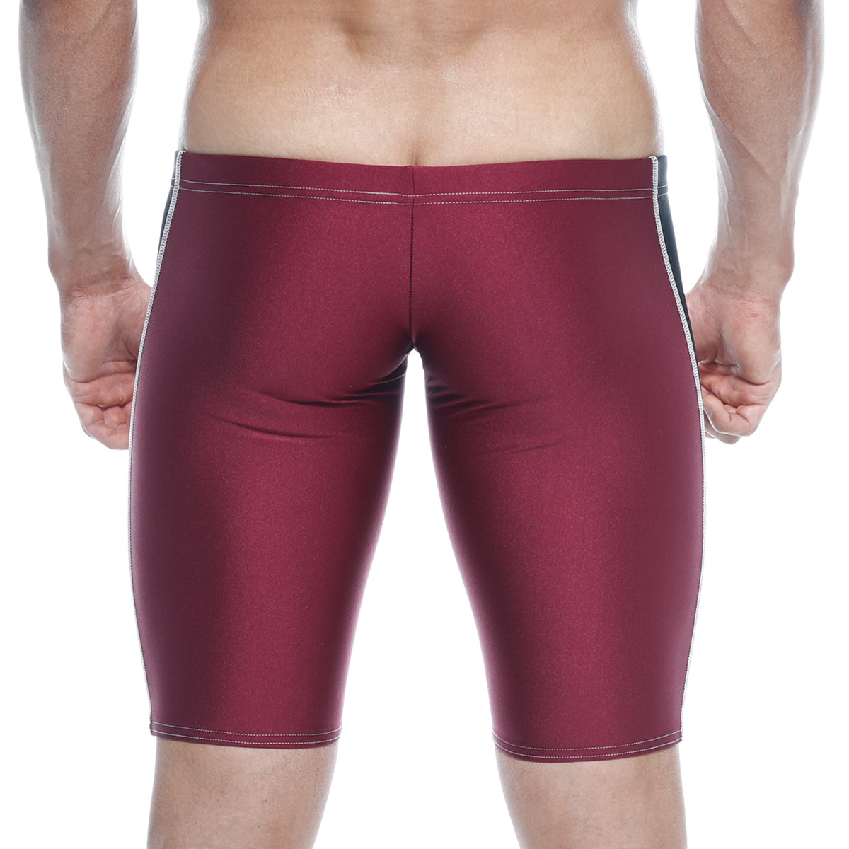 MetroMaleWear new jammer swim boxer burgundy with white and black side stripes designed for comfortable swimming