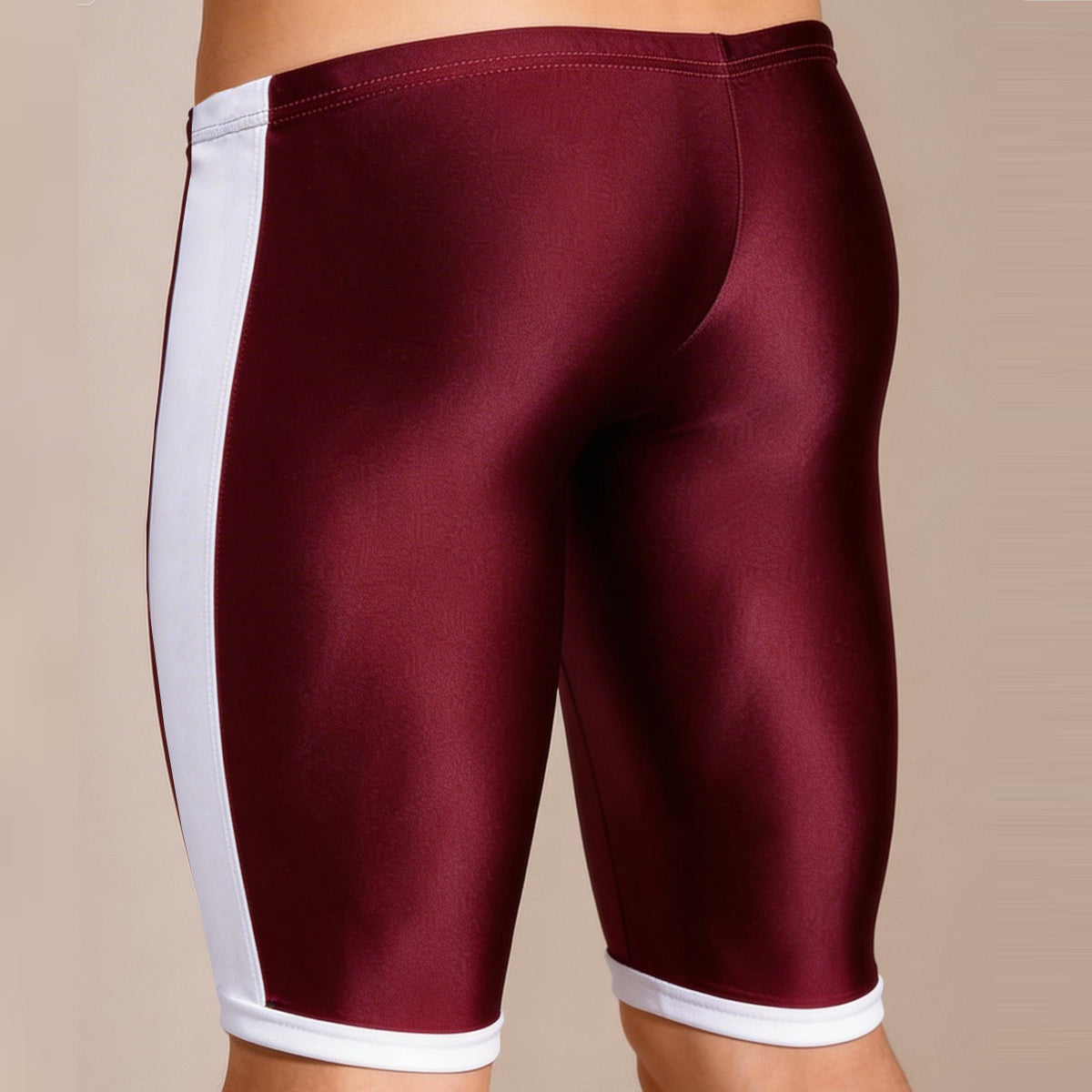 MetroMalewear campus jammer burgundy athletic shorts in maroon and white shiny form-fitting fabric