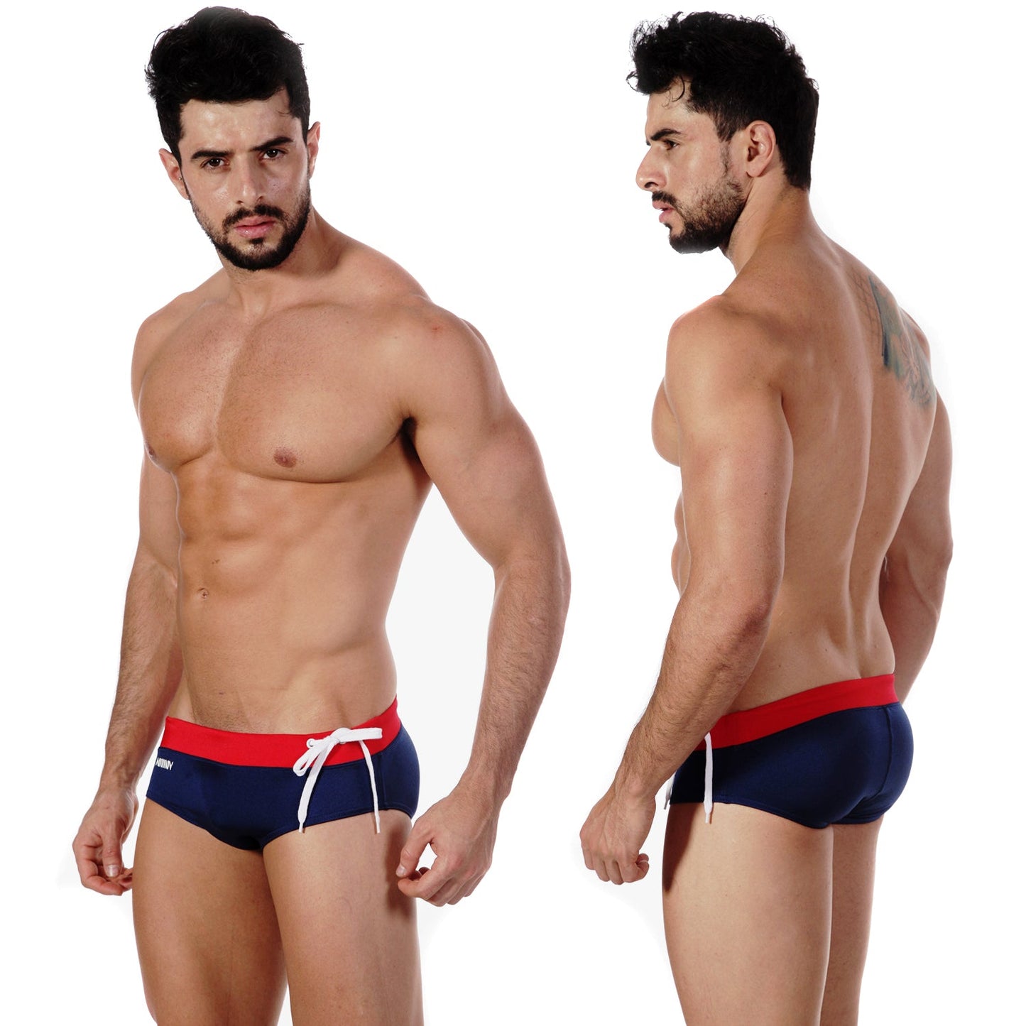 Navy blue swim trunks with red waistband and white drawstring metroMalewear chrome swim brief 4910-28 front view