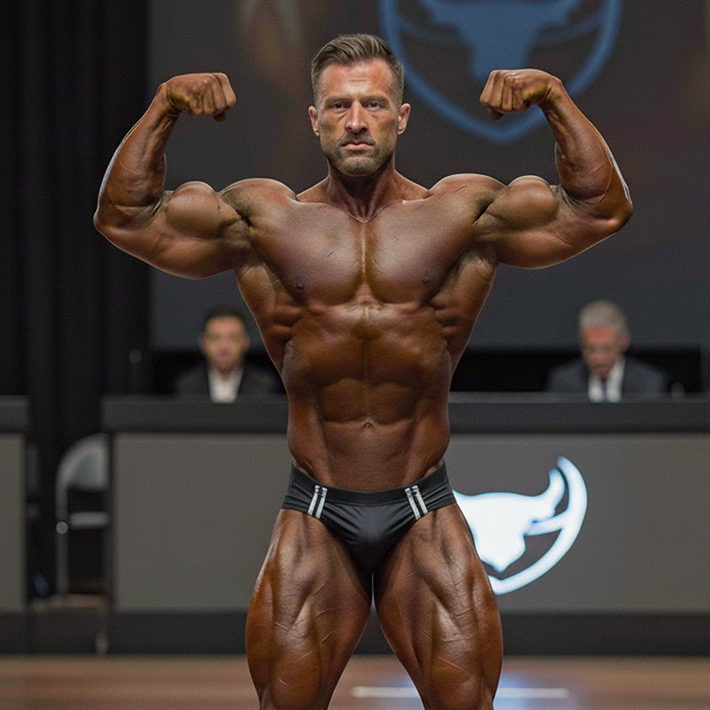 A muscular man flexing arms on stage wearing black versatile leather swim brief with white stripes by MetroMaleWear