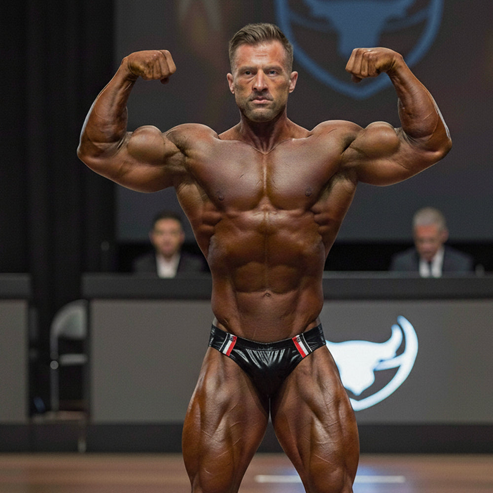 A muscular man flexing in black red and white striped leather metroMaleWear versatile swim briefs at a contest