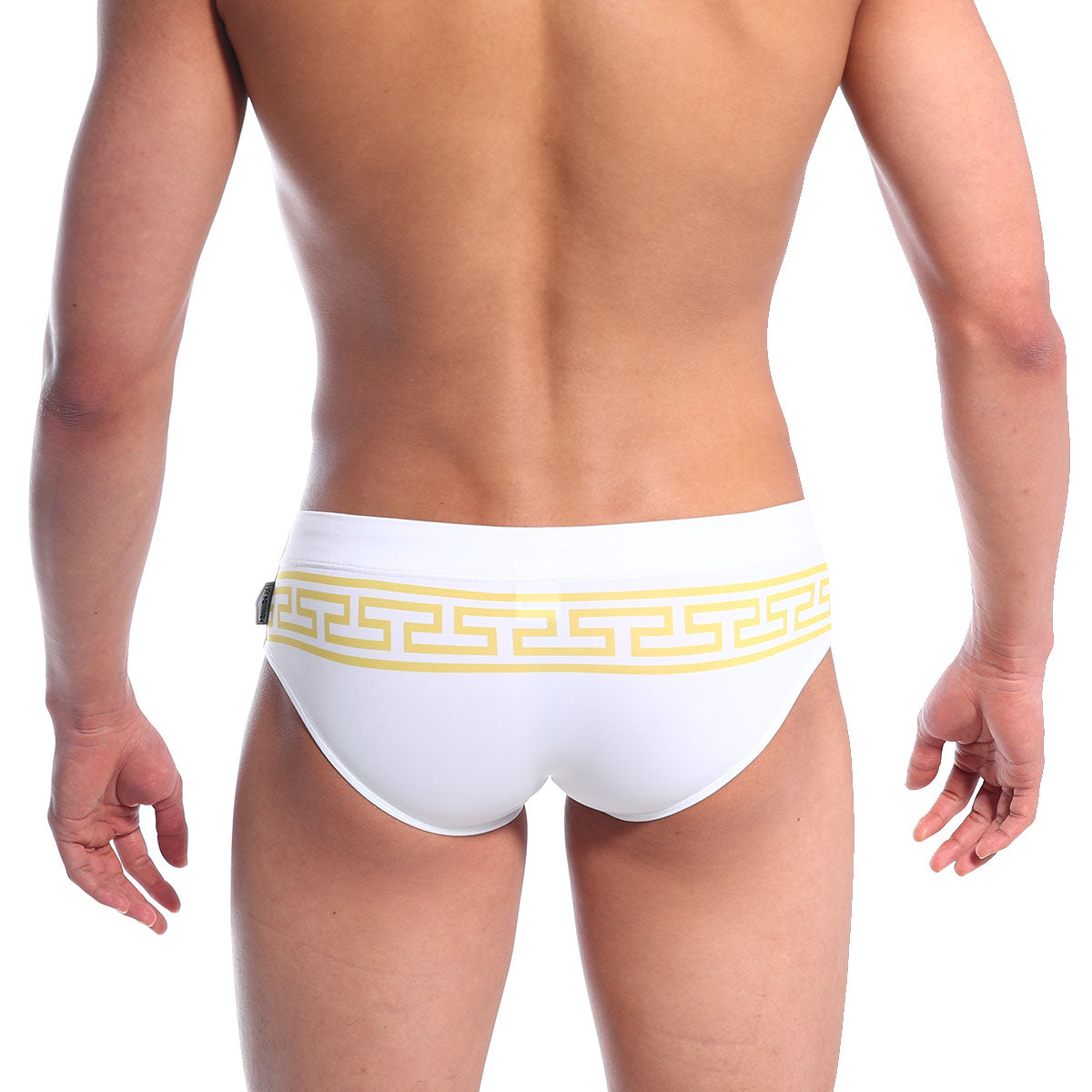 White MetroMaleWear Athen swim brief with bold yellow Greek key pattern waistband in lightweight swim fabric