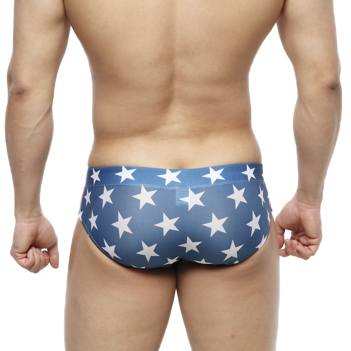 Blue swim trunks with a white star pattern metroMalewear classic swim brief usa 4914-92 for swimming and beachwear