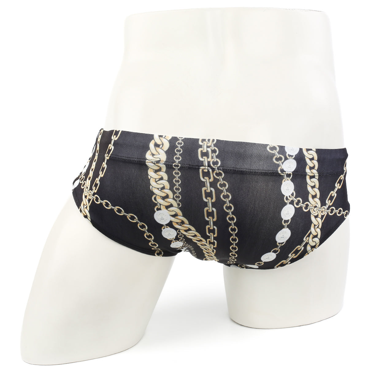 Black MetroMaleWear classic swim brief Rico 4914-95 with bold gold and silver chain and medallion pattern