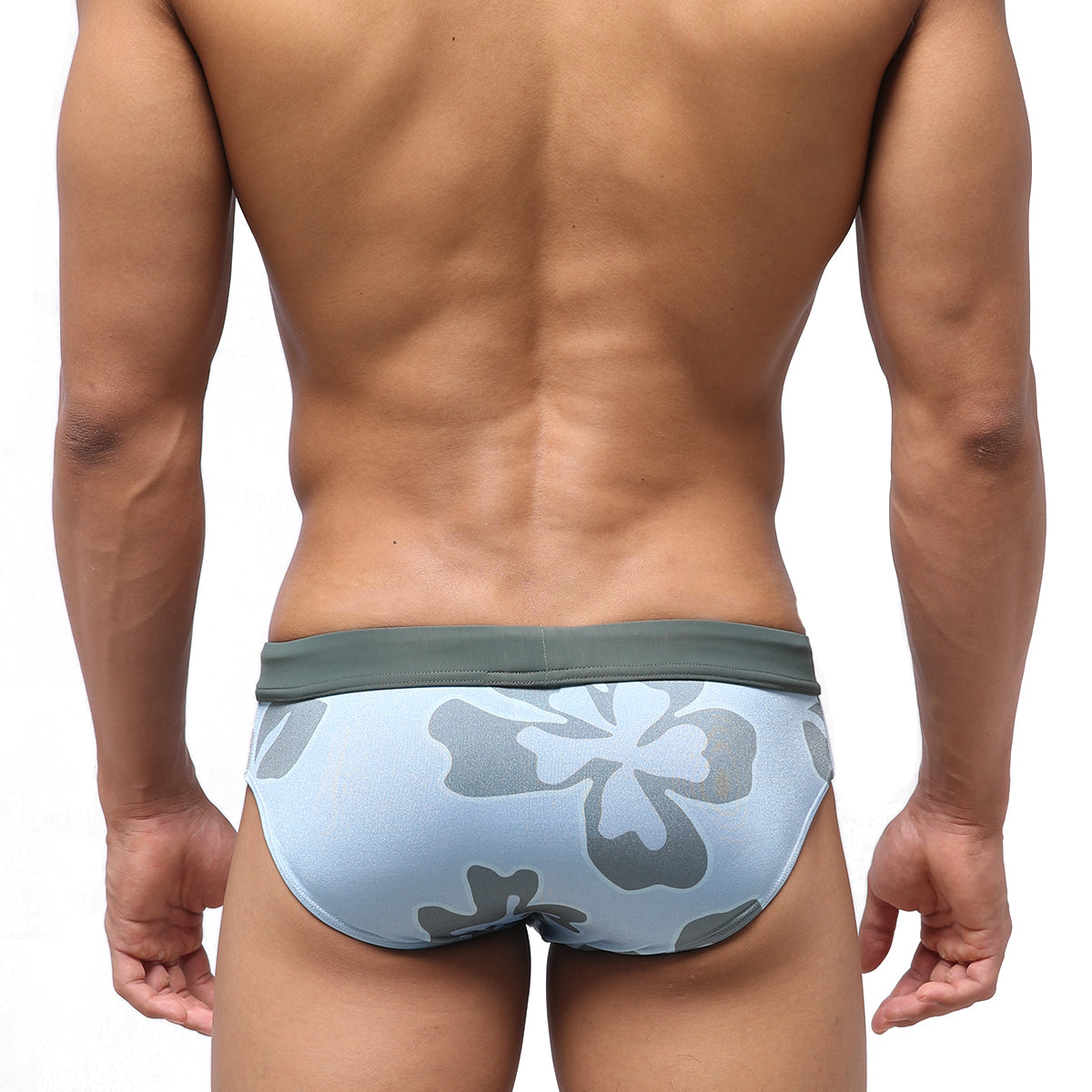 MetroMaleWear nature swim brief 4916-52 light blue swim trunks with gray floral pattern and olive green waistband