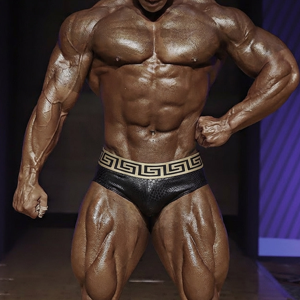 Black leather briefs with a gold Greek key pattern waistband from MetroMaleWear special edition swim brief 4916-SP3