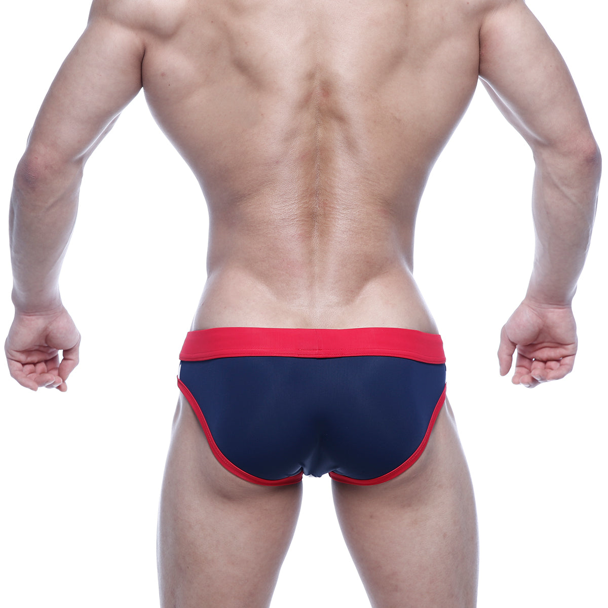 Navy blue and red metro male wear marine blue swim bikini briefs with snug fit and elastic waistband for athletic use