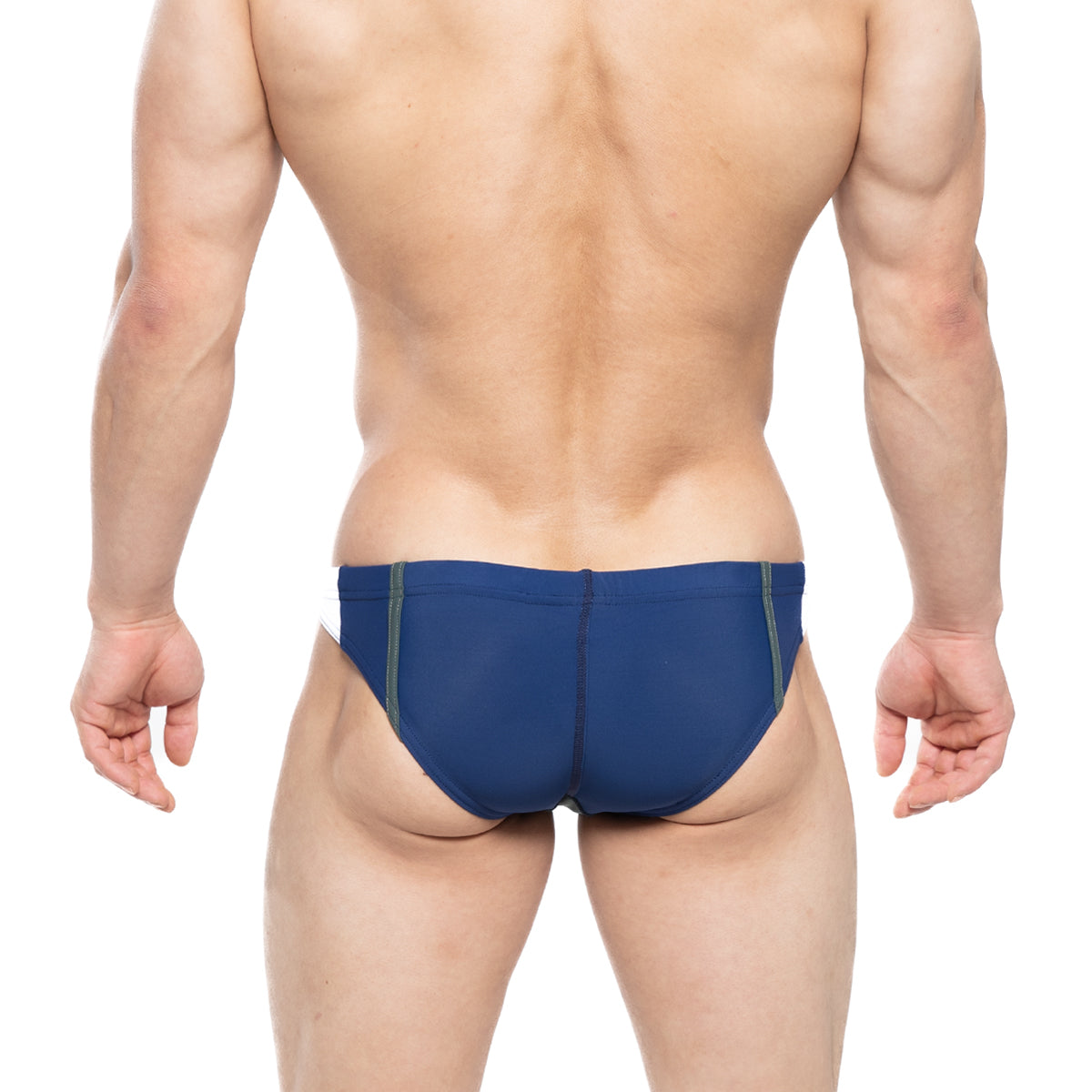 Navy blue swim bikini with green side stripes from MetroMaleWear California for stylish beachwear use