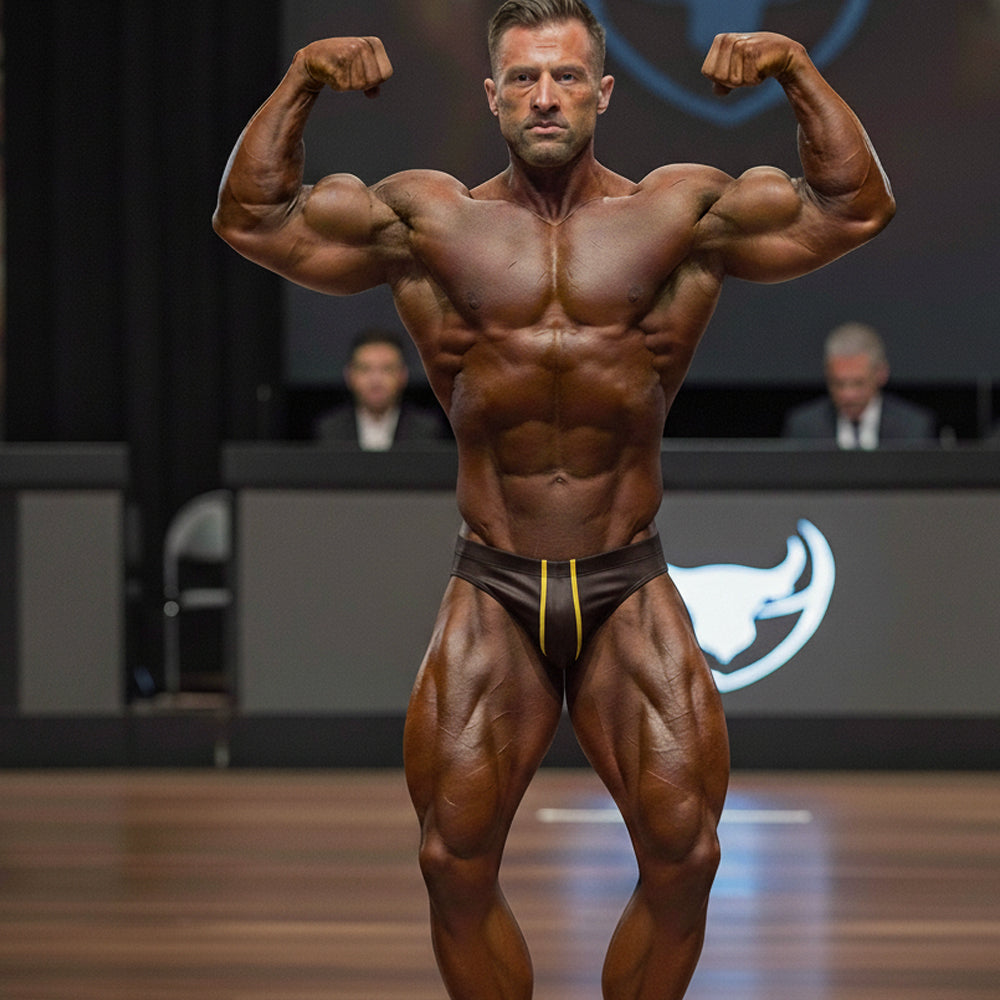 A muscular male bodybuilder wearing black metro malewear masculino swim bikini with yellow side stripes