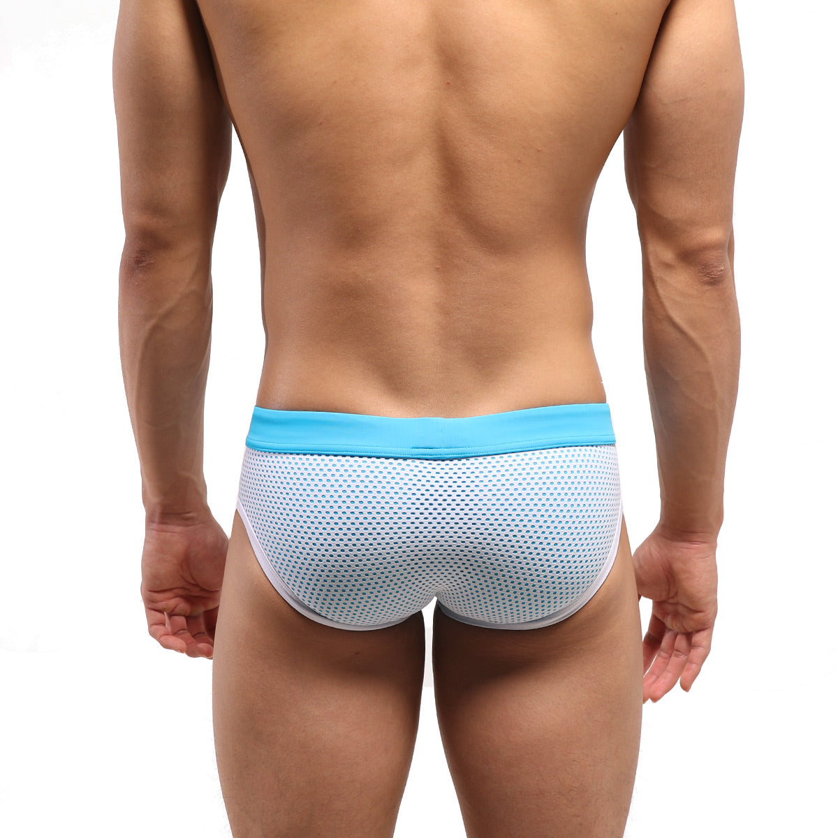 Light blue and white mesh swim trunks with a solid turquoise waistband from MetroMaleWear layered swim brief 4924-08