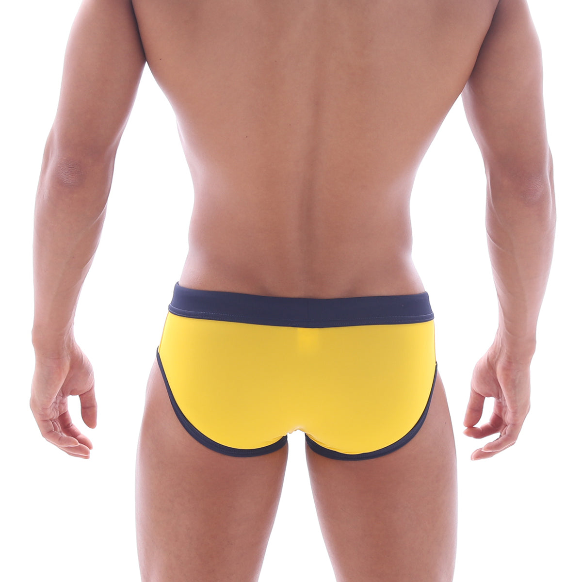 MetroMaleWear deporte swim brief yellow bright yellow swim trunks with navy blue waistband and trim for swimming