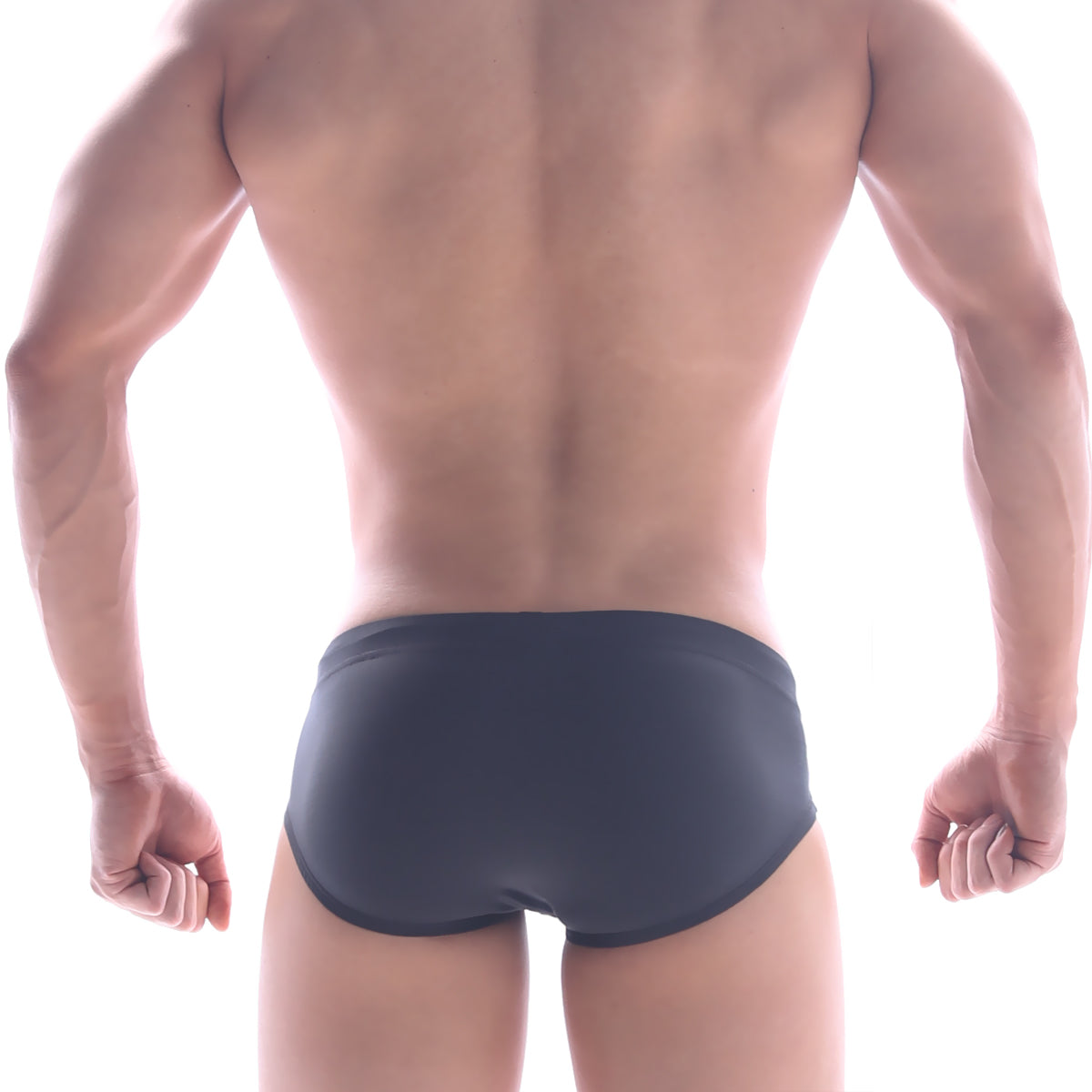 Dark gray form-fitting MetroMaleWear panel swim brief made of smooth stretchy fabric for comfortable swimwear use