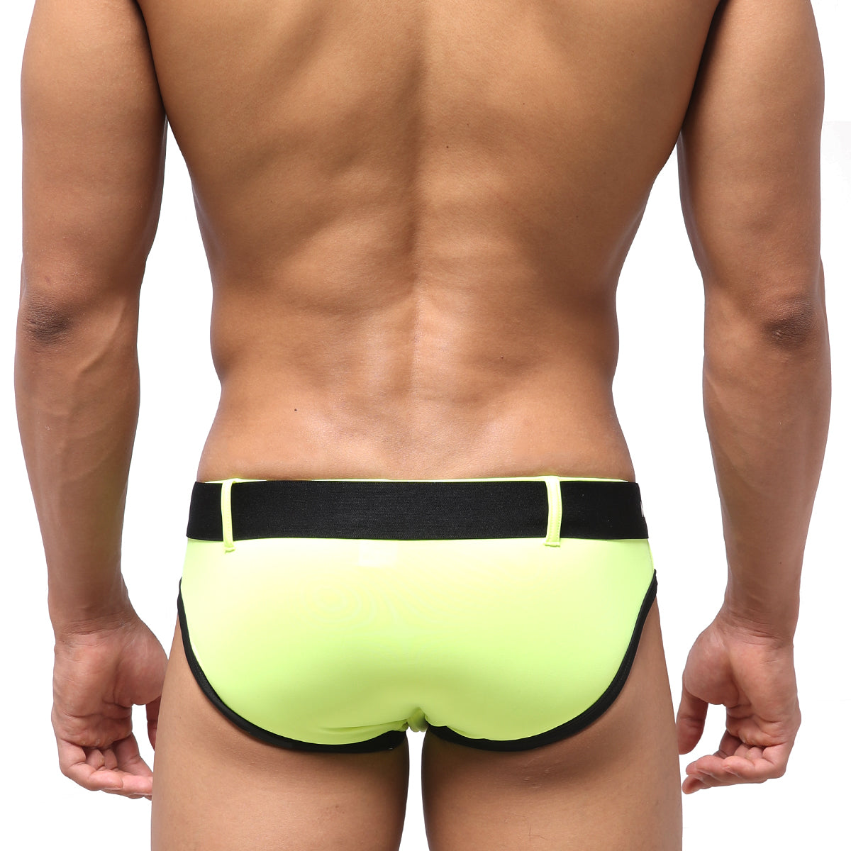 MetroMaleWear Patagonia neon yellow swim brief with neon green fabric and black elastic waistband and trim