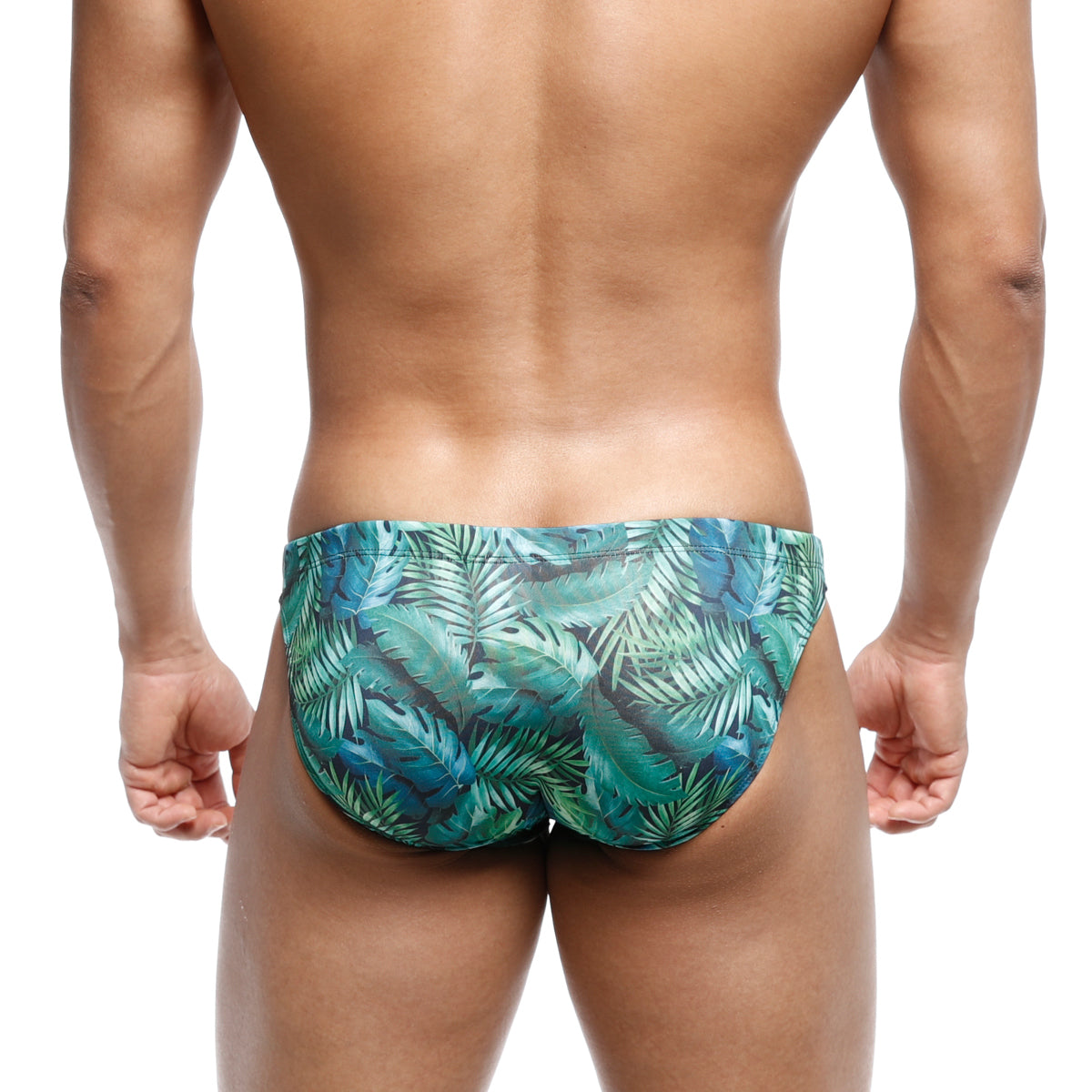 MetroMalewear classic swim bikini jungle 4937-08 tropical leaf-patterned swim trunks in teal and green shades